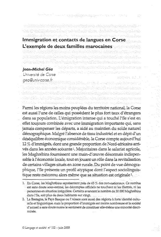 >Immigration et contacts de langues en Corse