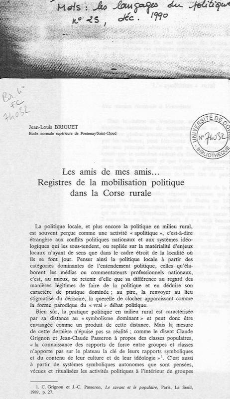 >Les amis de mes amis : registres de la mobilisation politique dans la Corse rurale