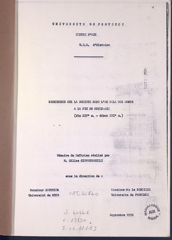 >Recherches sur la société dans l'Au delà des Monts à la fin du Moyen age