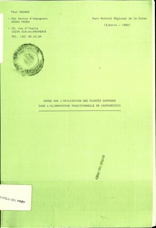 >Notes sur l'utilisation des plantes sauvages dans l'alimentation traditionnelle en Castagniccia