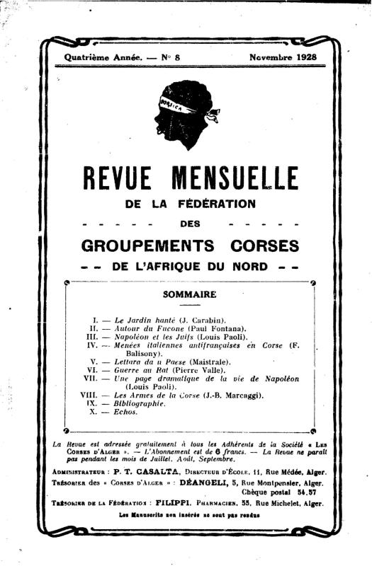 >Revue mensuelle de la Fédération des Groupements Corses de l’Afrique du Nord Novembre 1928