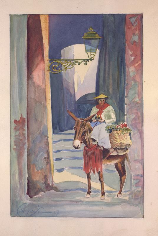 >Femme du Tonkin sur un âne portant le chapeau traditionnel