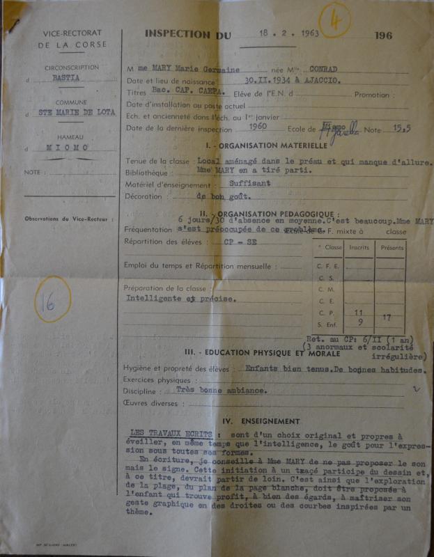 Rapport d'inspection de Marie-Germaine Mary Conrad (18 février 1963)