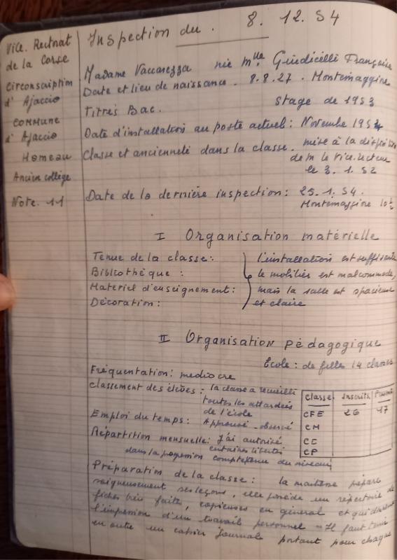 Rapport d'inspection de  Françoise Vaccarezza  (1954)