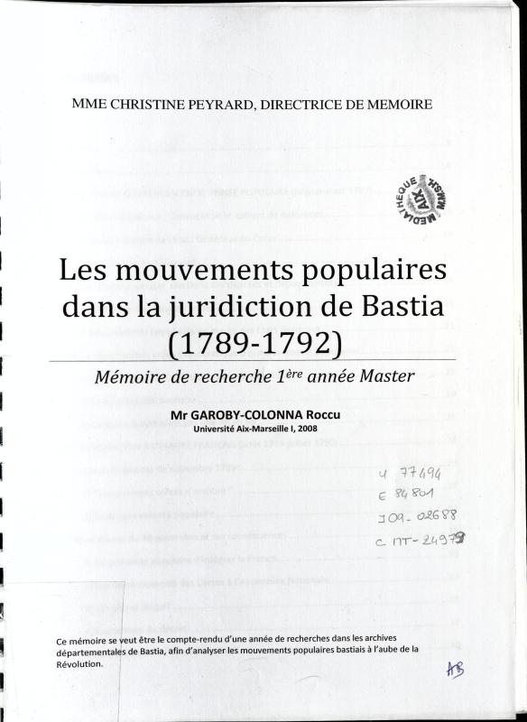 >Les mouvements populaires dans la juridiction de Bastia (1789-1792)