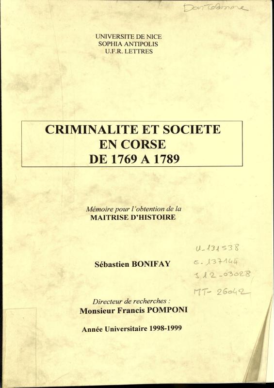 >Criminalité et société en Corse de 1769 à 1789