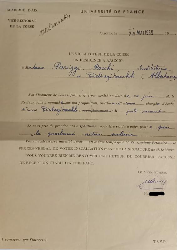 Nomination poste de Andrée Parigi (1959)