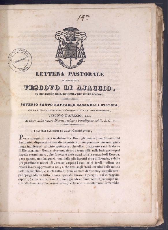 Lettera pastorale di Monsignor Vescovo di Ajaccio, in occasione dell'epidemia del colèra-morbo (1835)