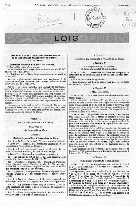>Loi 91-428 du 13 mai 1991 portant Statut de la Collectivité Territoriale de Corse