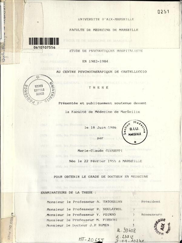 >Etude de psychotiques hospitalisés en 1983-1984 au centre psychothérapique de Castelluccio