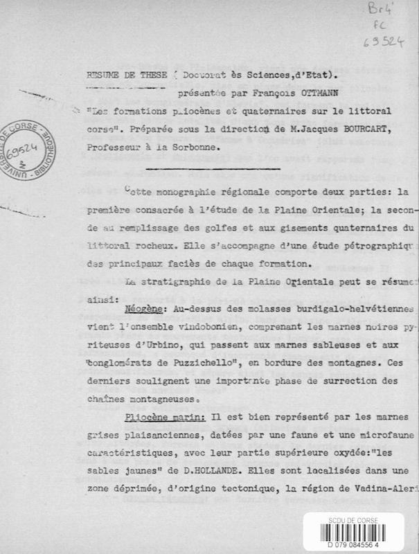 >Résumé de thèse : les formations pliocènes et quaternaires sur le littoral corse