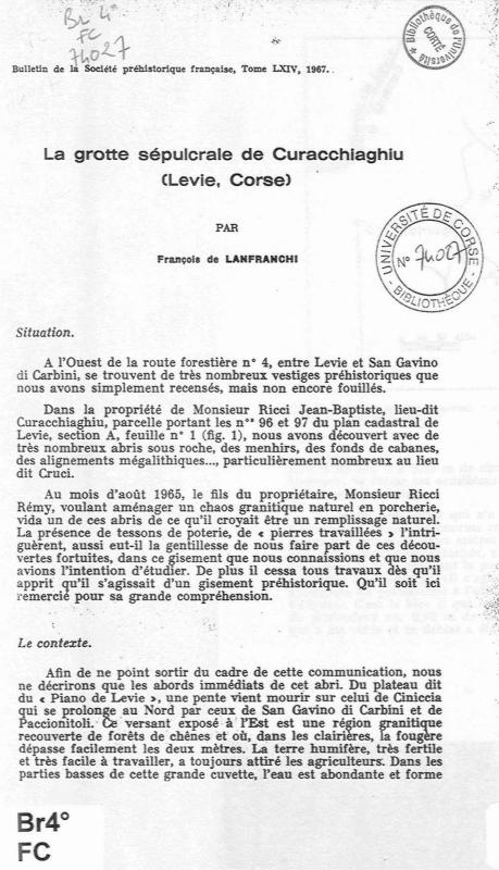 >La grotte sépulcrale de Curacchiaghiu (Lieve, Corse)