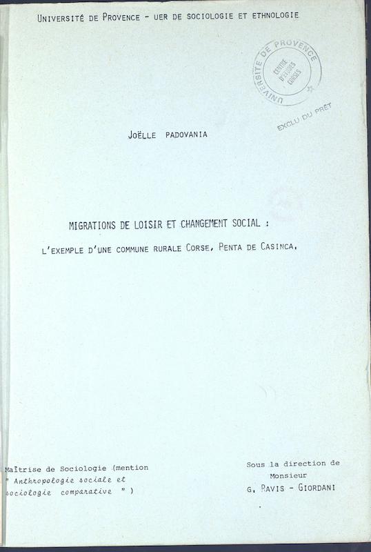>Migrations de loisir et changement social : l'exemple d'une commune rurale corse, Penta de Casinca