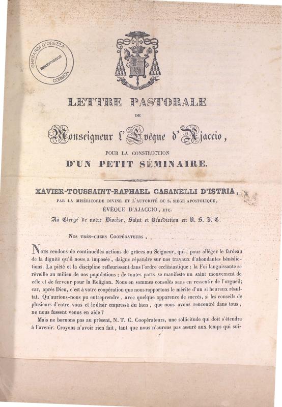 Lettre pastorale de Monseigneur l'évêque d'Ajaccio, pour la construction d'un petit séminaire (1840)