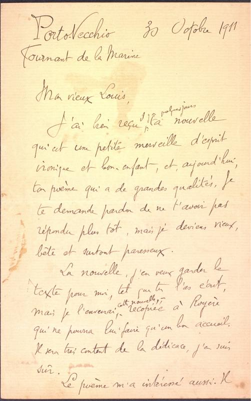 Correspondance de John-Antoine Nau à Louis Coulembier (30 octobre 1911)
