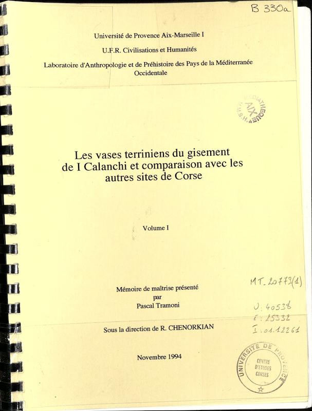 >Les vases terriniens du gisement de I Calanchi et comparaison avec les autres sites de Corse