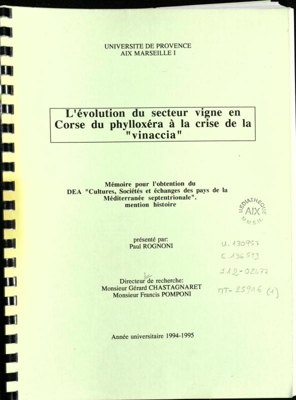 >L'évolution du secteur de la vigne en Corse du phylloxéra à la crise de la 